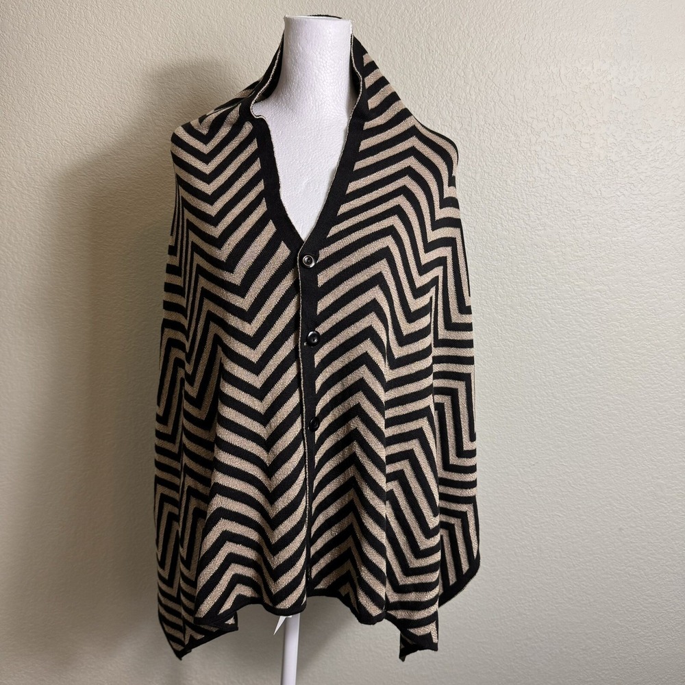 Cruise Club Cardishawl Womens OS Metallic Chevron Black Gold Convertible‎ Poncho
